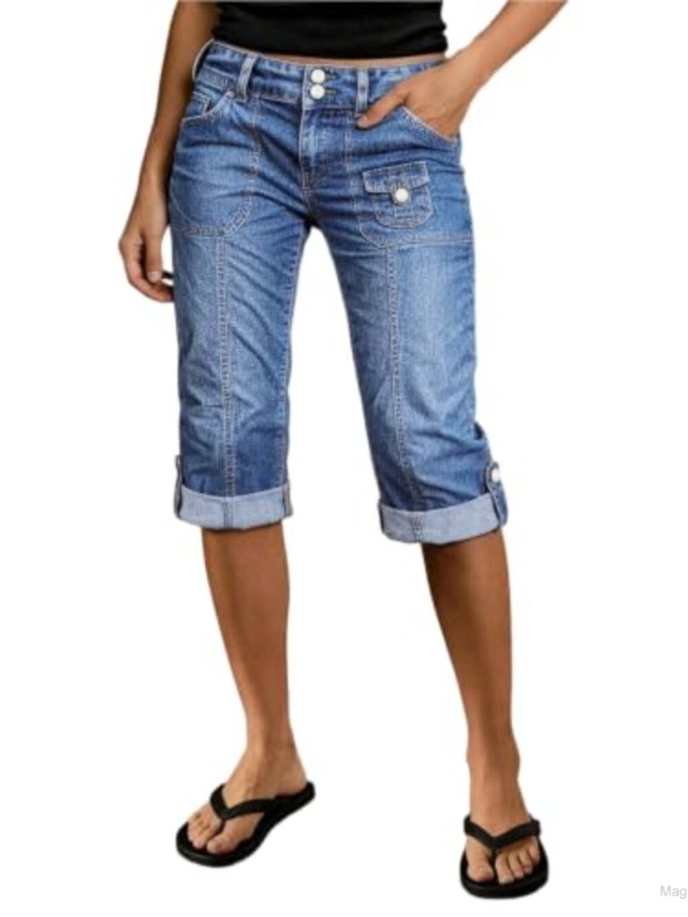 Women's Mid Rise Straight Leg Capri Jeans with Roll Hem, Dual Button Closure,